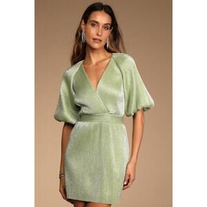 Lulus Ethereal Angel Light Green Glitter Puff Sleeve Mini Dress